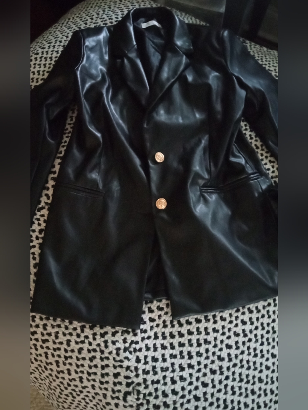 Beautiful Black Faux Leather Blazer Gold Buttons..